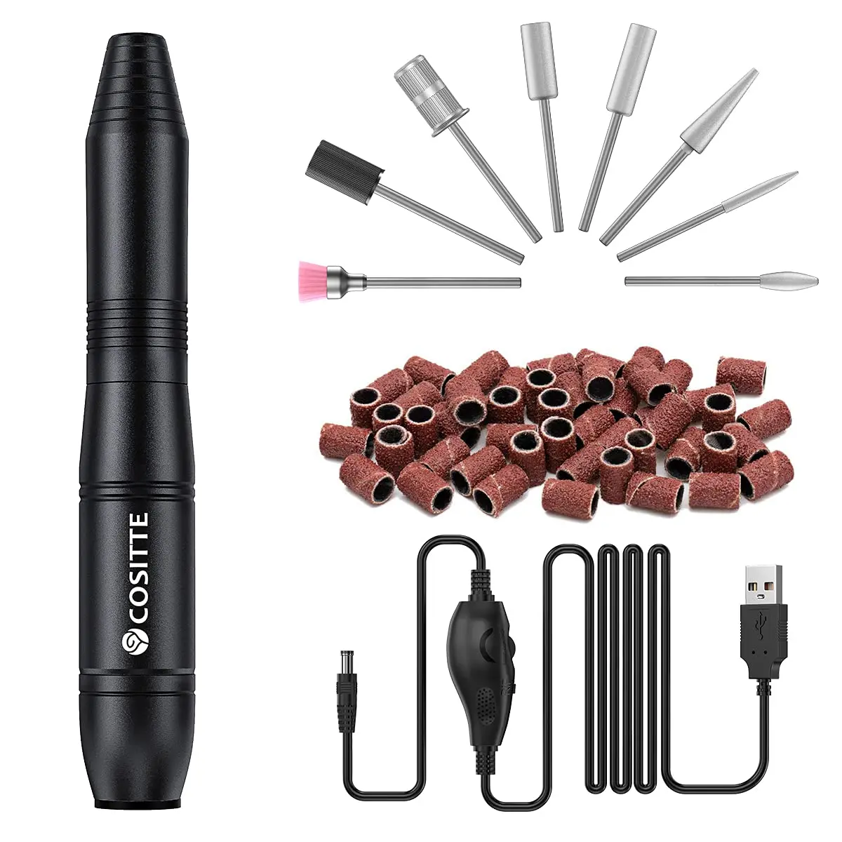 COSITTE USB Nail Drill Machine for Acrylic Nails with 46 Sanding Bands | Black, 20000 RPM - main product image