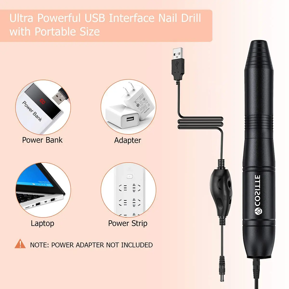 COSITTE USB Nail Drill Machine for Acrylic Nails with 46 Sanding Bands | Black, 20000 RPM - view 2
