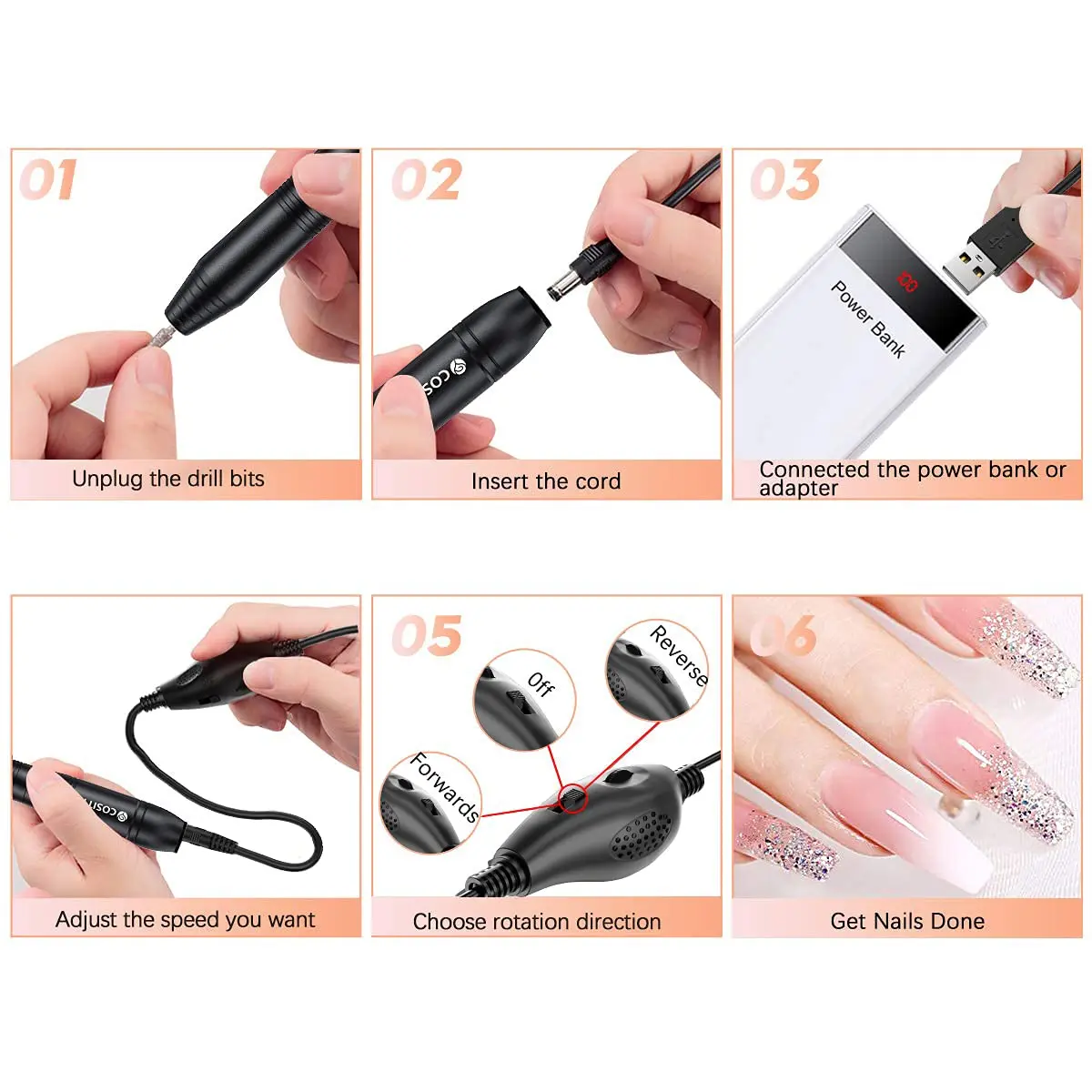 COSITTE USB Nail Drill Machine for Acrylic Nails with 46 Sanding Bands | Black, 20000 RPM - view 4