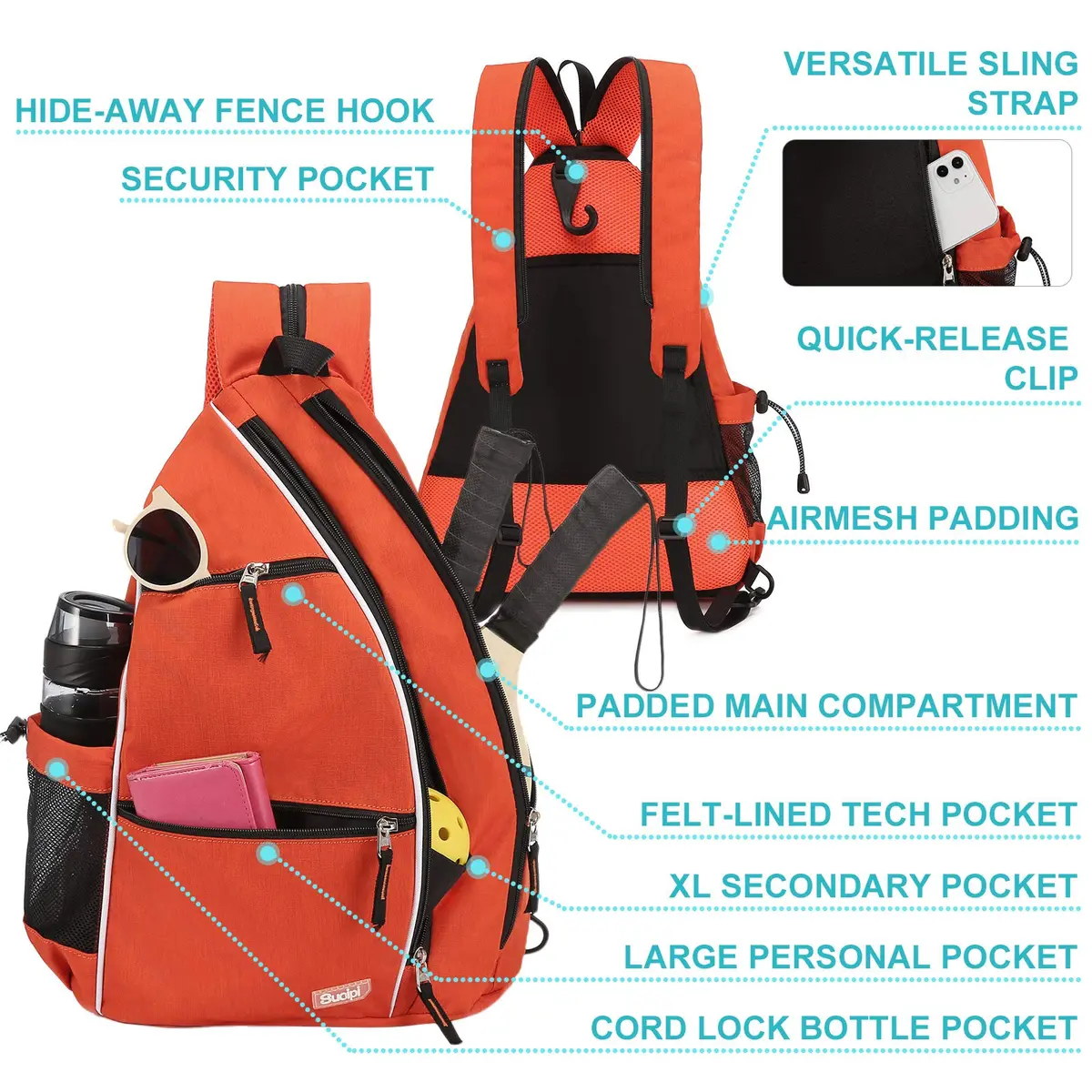 Sucipi Pickleball Bag for Men & Women,Convertible Backpack with Fence Hook | Water-Resistant Nylon, Large Capacity, Dual Carry Modes - view 5