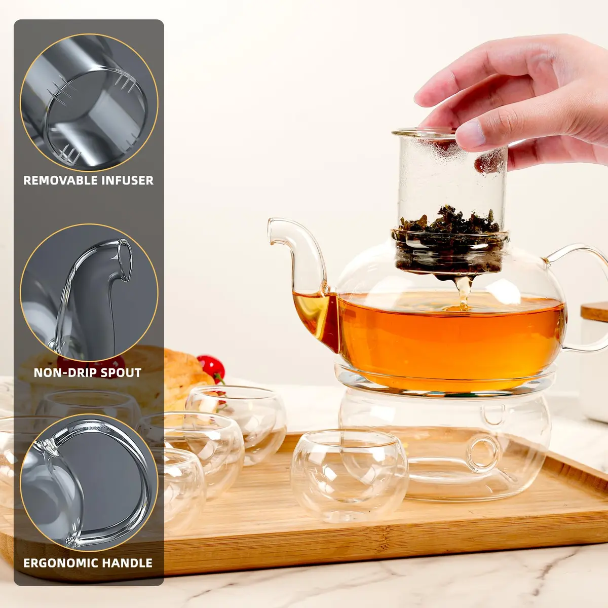 GURUDAR Glass Teapot Set, 800ML | Elegant Borosilicate Tea Maker with 6 Cups & Infuser - view 5