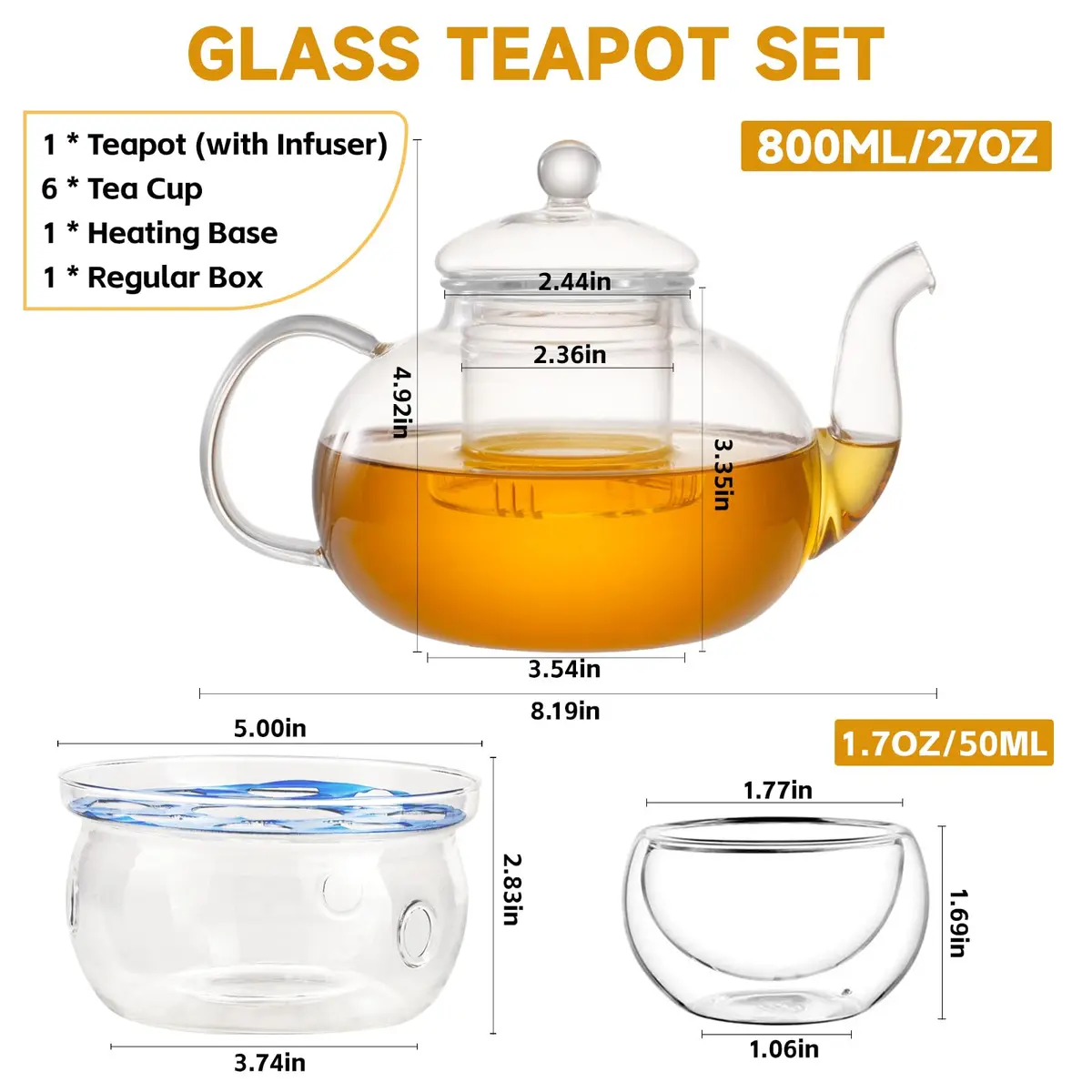 GURUDAR Glass Teapot Set, 800ML | Elegant Borosilicate Tea Maker with 6 Cups & Infuser - view 2