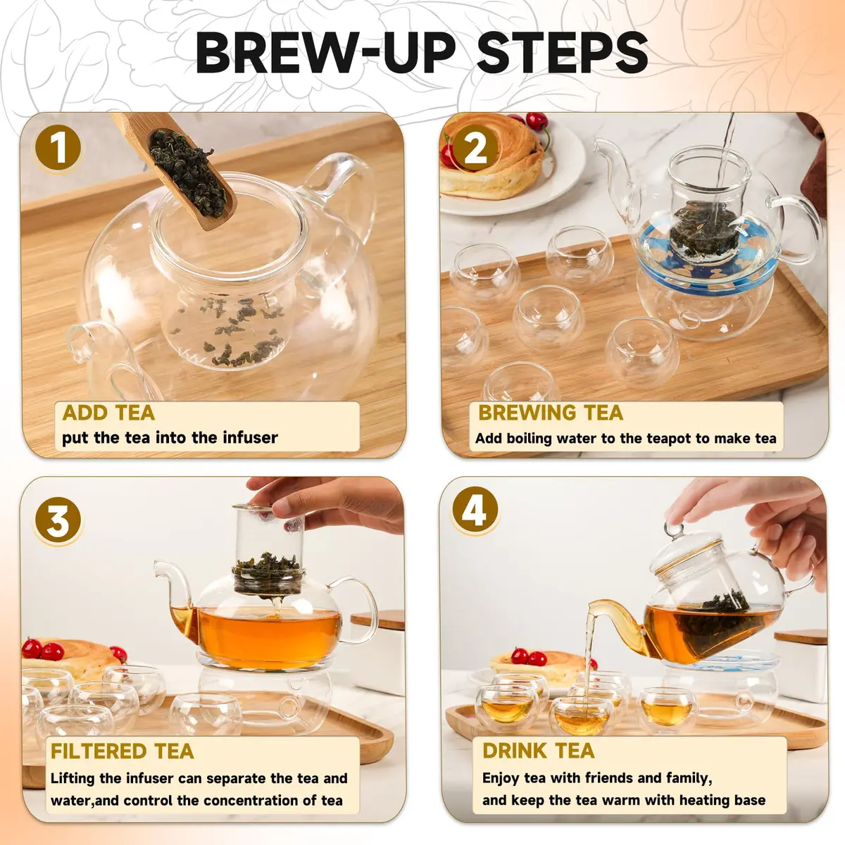 GURUDAR Glass Teapot Set, 800ML | Elegant Borosilicate Tea Maker with 6 Cups & Infuser - view 4
