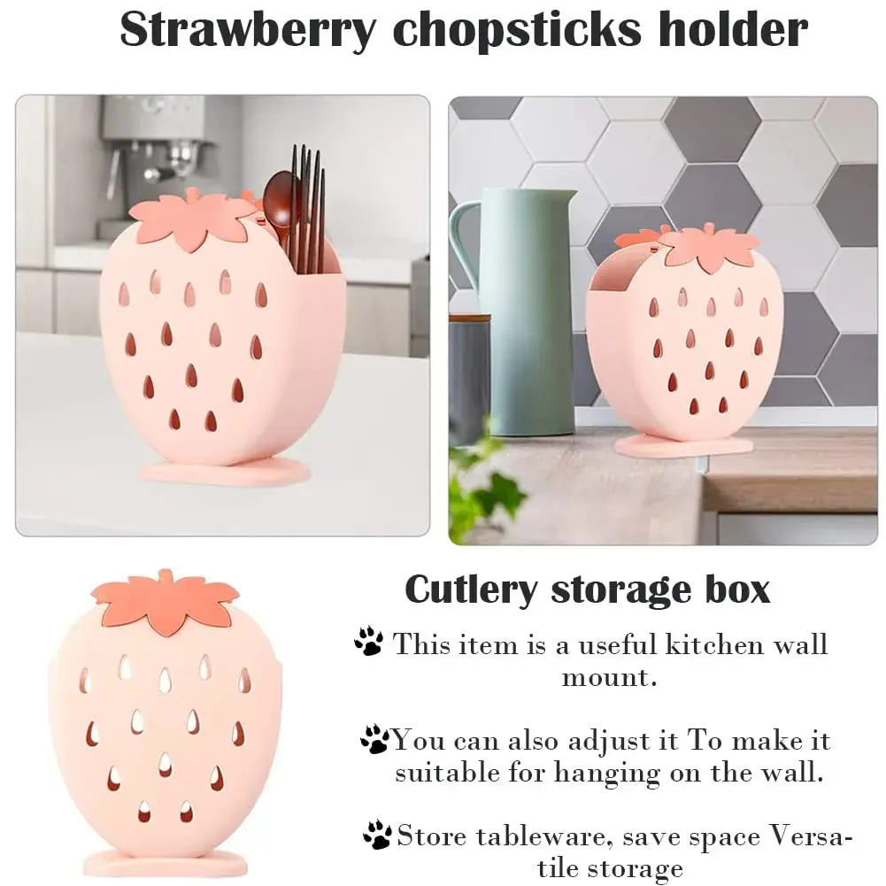 AKOAK Strawberry Cutlery Holder Stand, Plastic Utensil Organizer with Drains, 18 cm (7.1 inch) Height | Light Pink - view 8