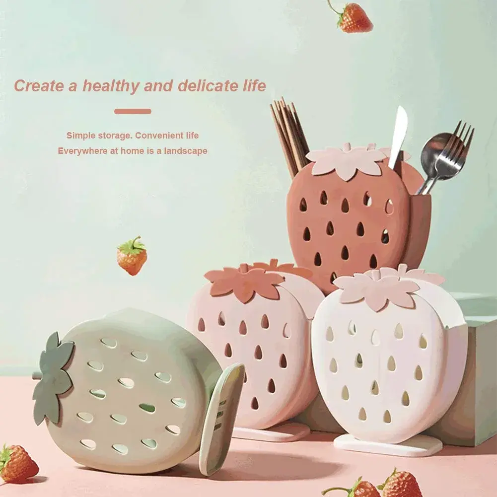 AKOAK Strawberry Cutlery Holder Stand, Plastic Utensil Organizer with Drains, 18 cm (7.1 inch) Height | Light Pink - view 3