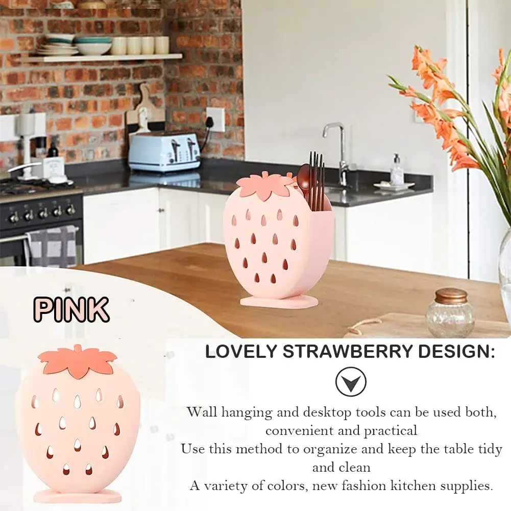 AKOAK Strawberry Cutlery Holder Stand, Plastic Utensil Organizer with Drains, 18 cm (7.1 inch) Height | Light Pink - view 4