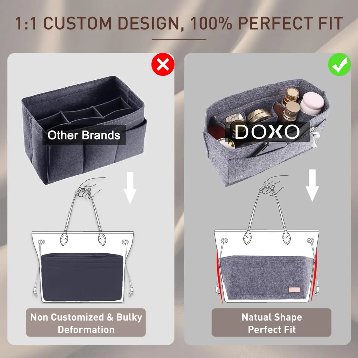 Doxo Purse Organizer Insert & Base Shaper 2pc Set, Felt Tote Bag Organizer with Zipper Pocket & Bottle Holder, 30cm (11.8" L x 5.5" W x 6.7" H) | Gray-L - view 5
