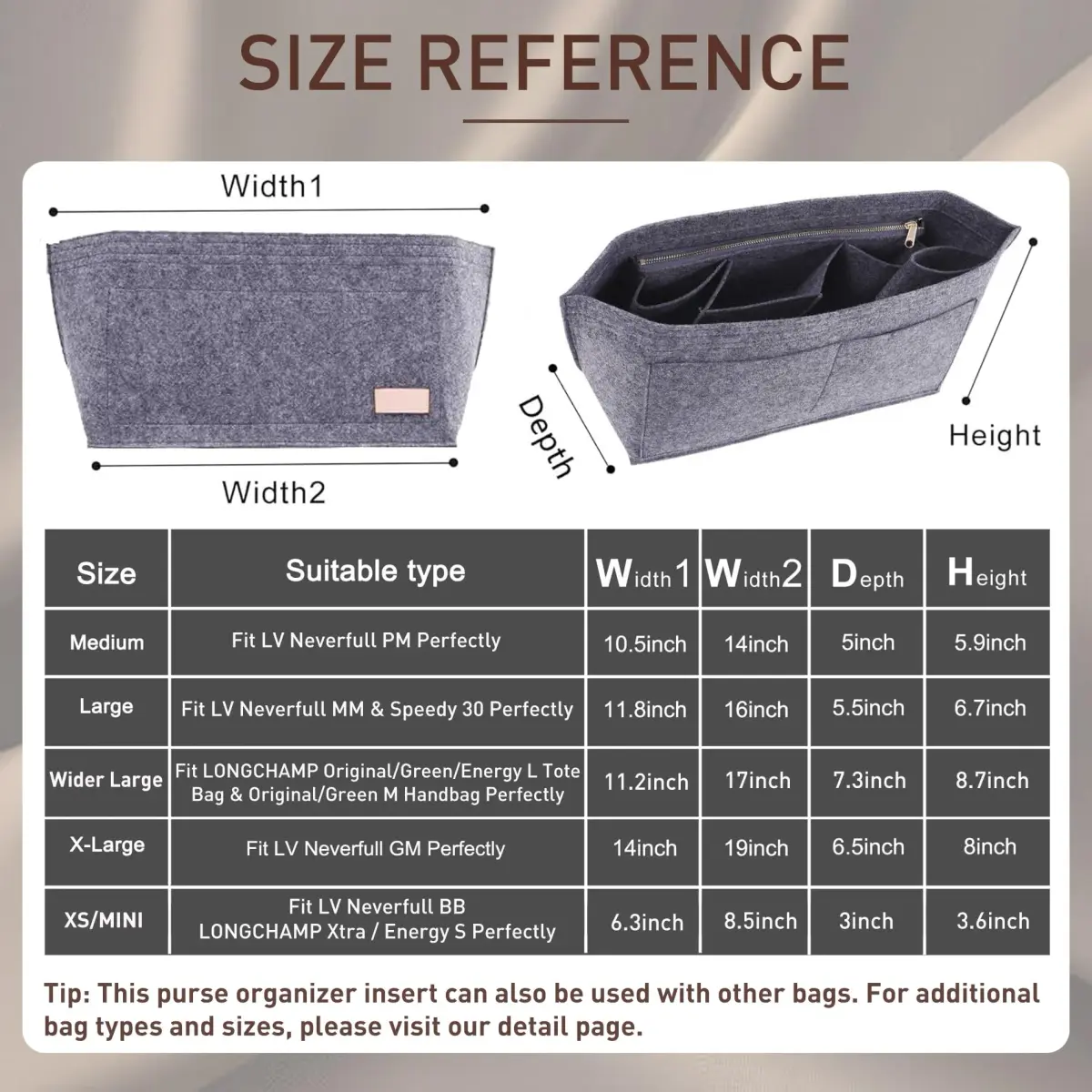 Doxo Purse Organizer Insert & Base Shaper 2pc Set, Felt Tote Bag Organizer with Zipper Pocket & Bottle Holder, 30cm (11.8" L x 5.5" W x 6.7" H) | Gray-L - view 2