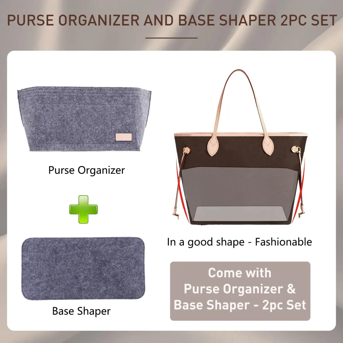 Doxo Purse Organizer Insert & Base Shaper 2pc Set, Felt Tote Bag Organizer with Zipper Pocket & Bottle Holder, 30cm (11.8" L x 5.5" W x 6.7" H) | Gray-L - view 3