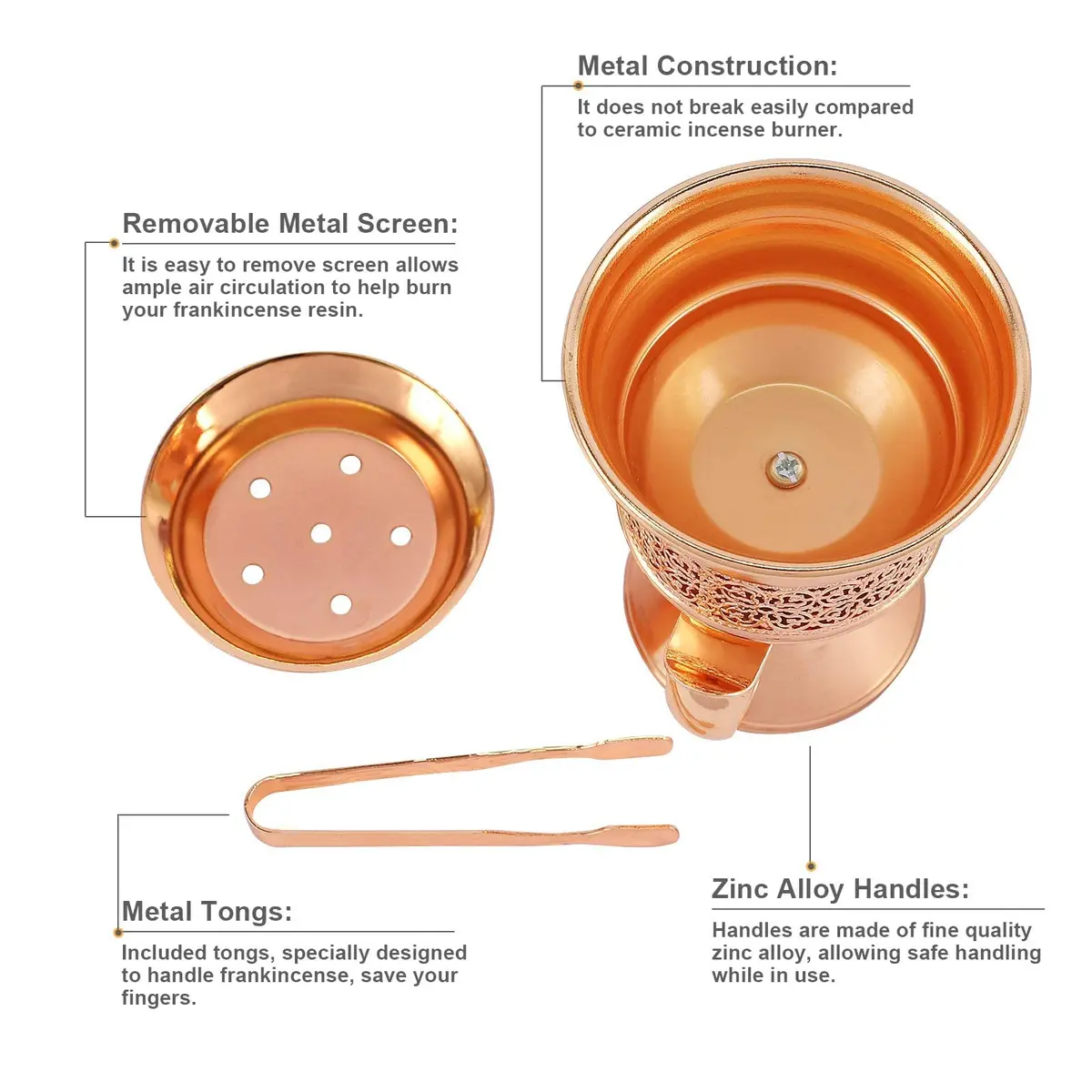 HOCUROAY Metal Frankincense Resin Incense Burner Rose Gold | Durable, Portable & Elegant for Yoga, Spa & Aromatherapy - view 3