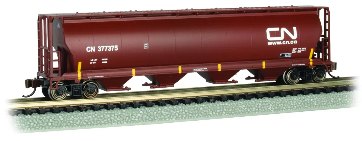 Bachmann Trains Canadian 4-Bay Cylindrical Grain Hopper Car - Canadian National #377375 - Oxide Red - N Scale 1:160 (11.68 cm) - main product image