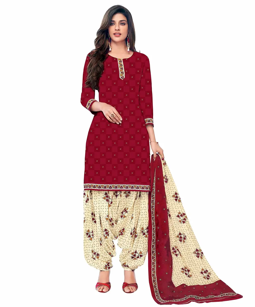 Miraan Women's Cotton Printed Readymade Salwar Suit Set X-Large Maroon | Knee Length 3/4 Sleeve Round Neck - main product image