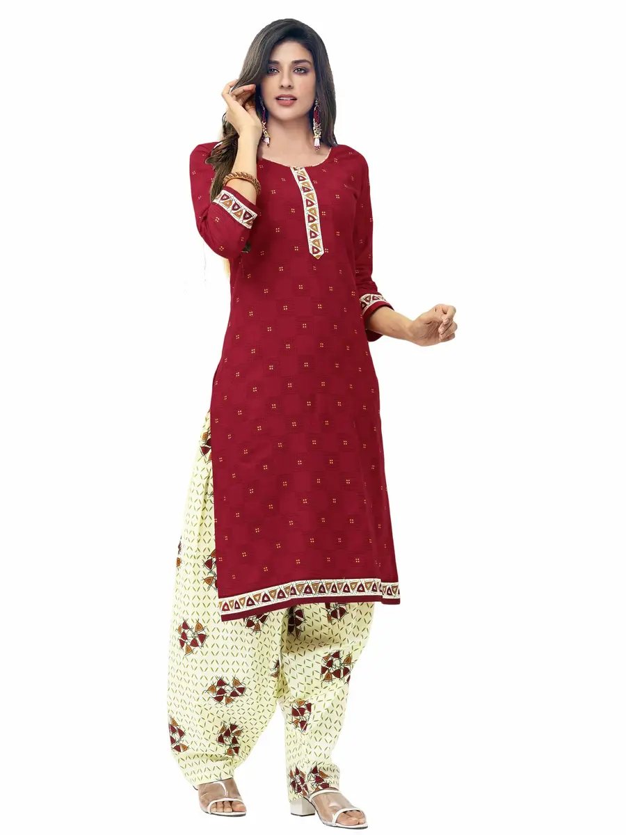Miraan Women's Cotton Printed Readymade Salwar Suit Set X-Large Maroon | Knee Length 3/4 Sleeve Round Neck - view 3