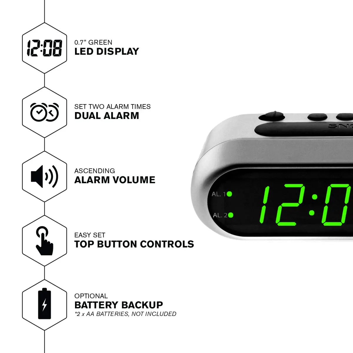 Sharp Digital Dual Alarm Clock with Green LED Display | 13.97cm (5.5") x 5.33cm (2.1") - view 2