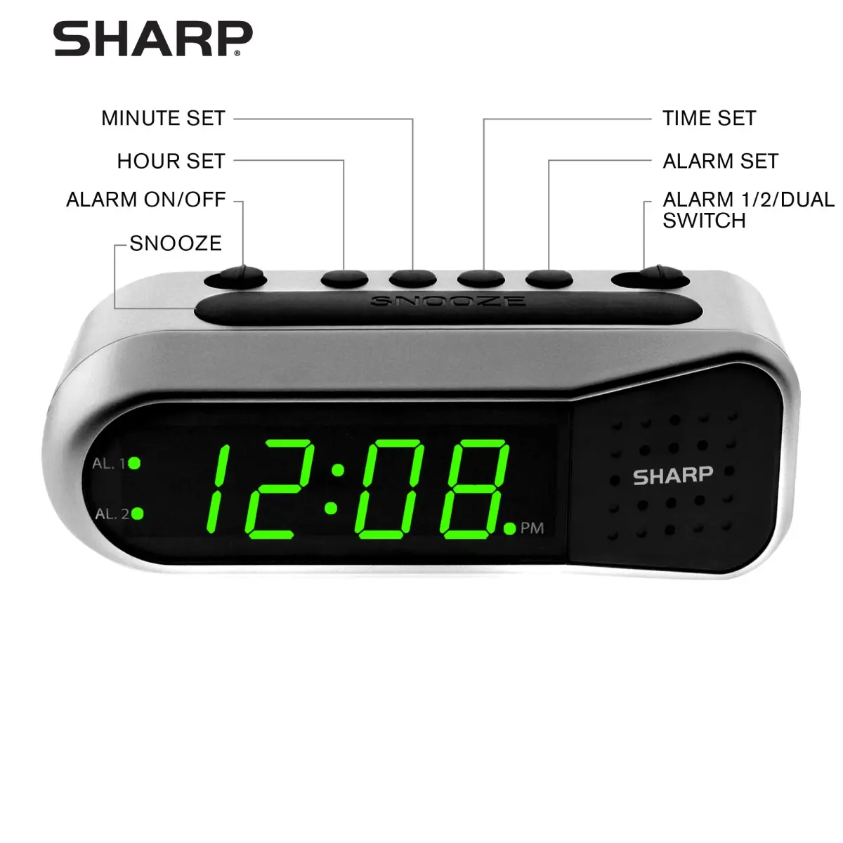 Sharp Digital Dual Alarm Clock with Green LED Display | 13.97cm (5.5") x 5.33cm (2.1") - view 3