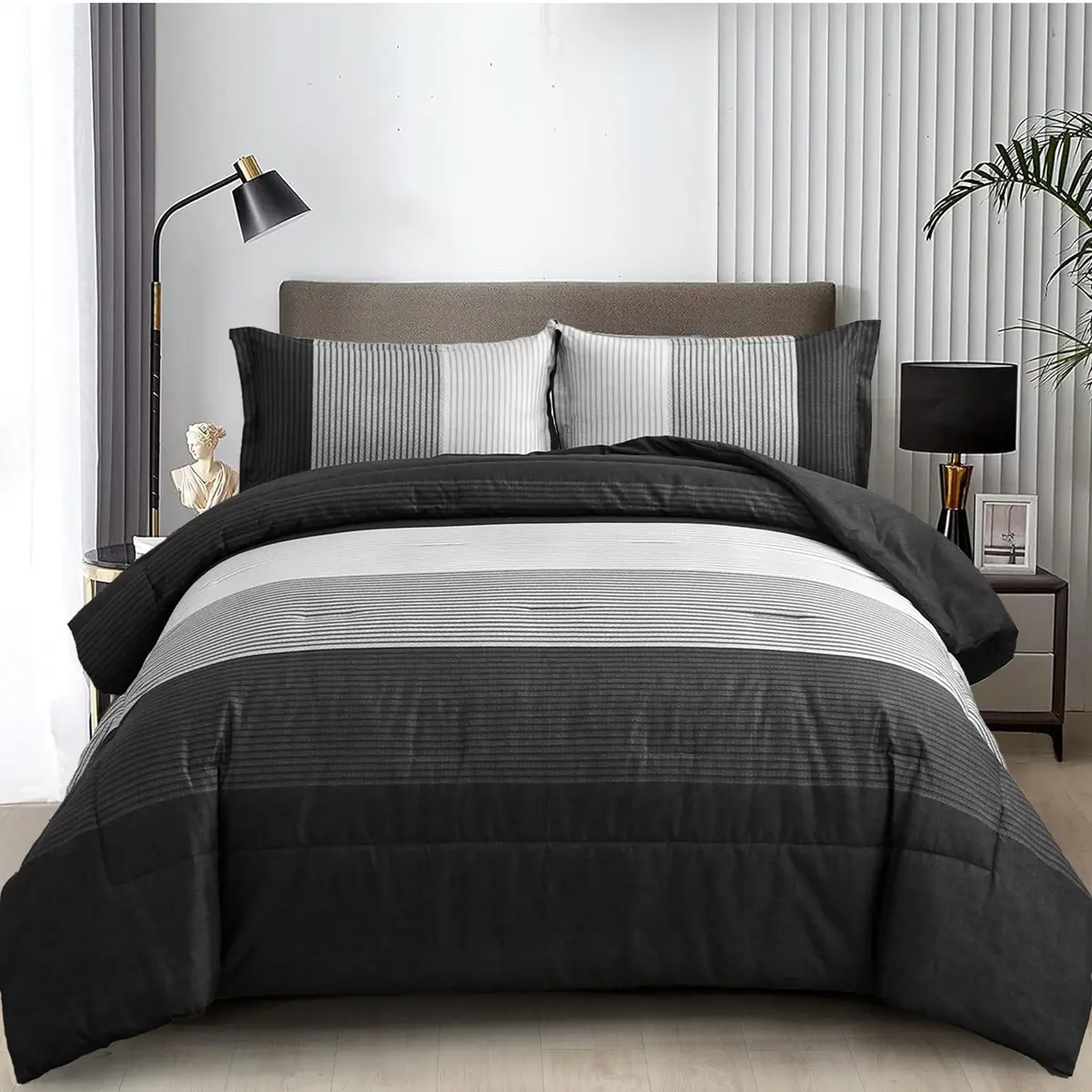 WONGS BEDDING Black Comforter Set Queen | Reversible Black Grey Stripe Bedding for All Season - main product image