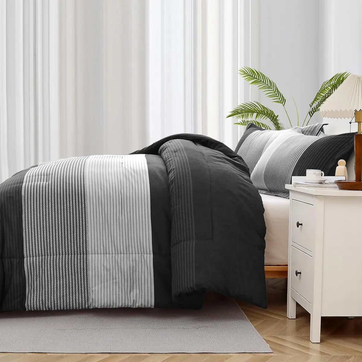 WONGS BEDDING Black Comforter Set Queen | Reversible Black Grey Stripe Bedding for All Season - view 5