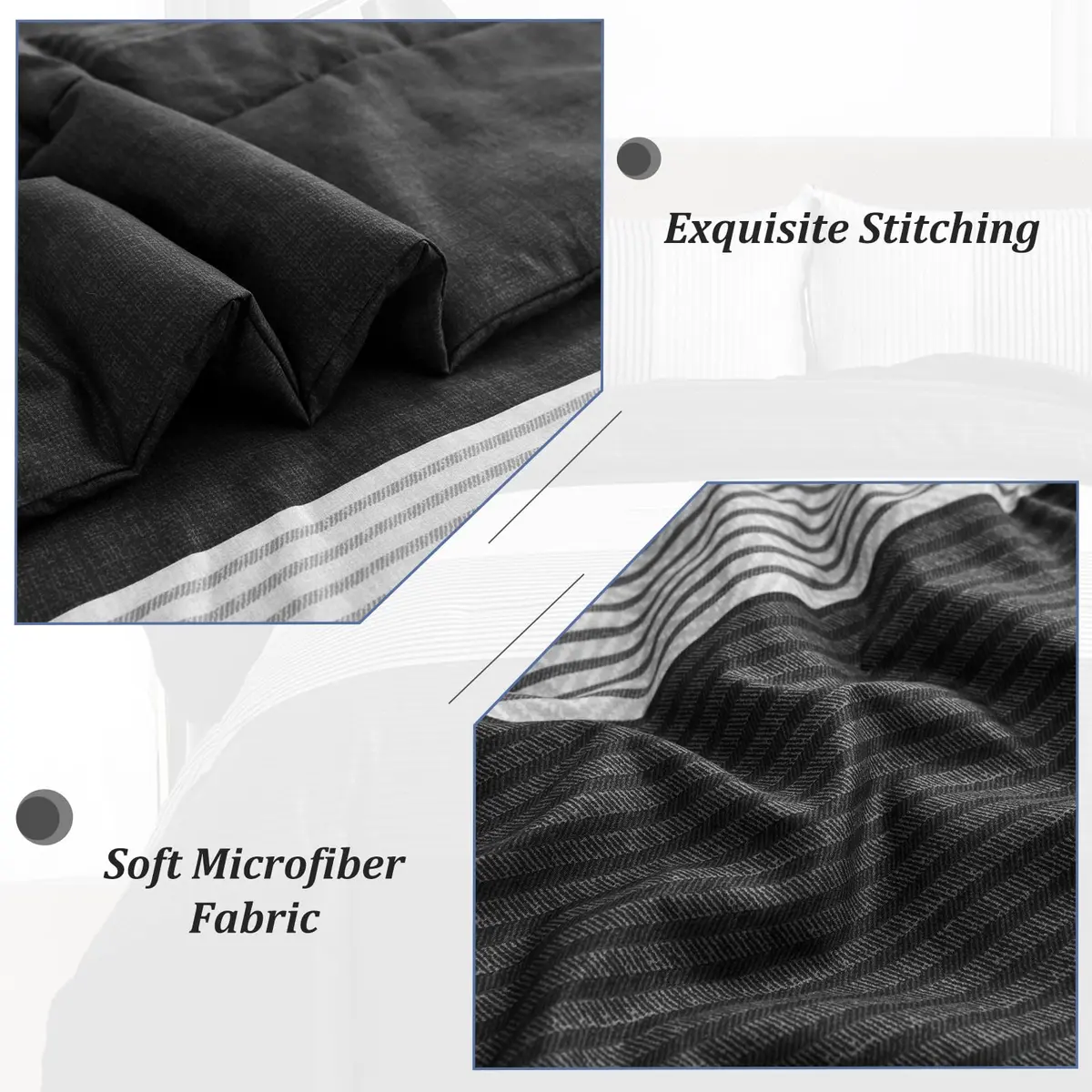 WONGS BEDDING Black Comforter Set Queen | Reversible Black Grey Stripe Bedding for All Season - view 6