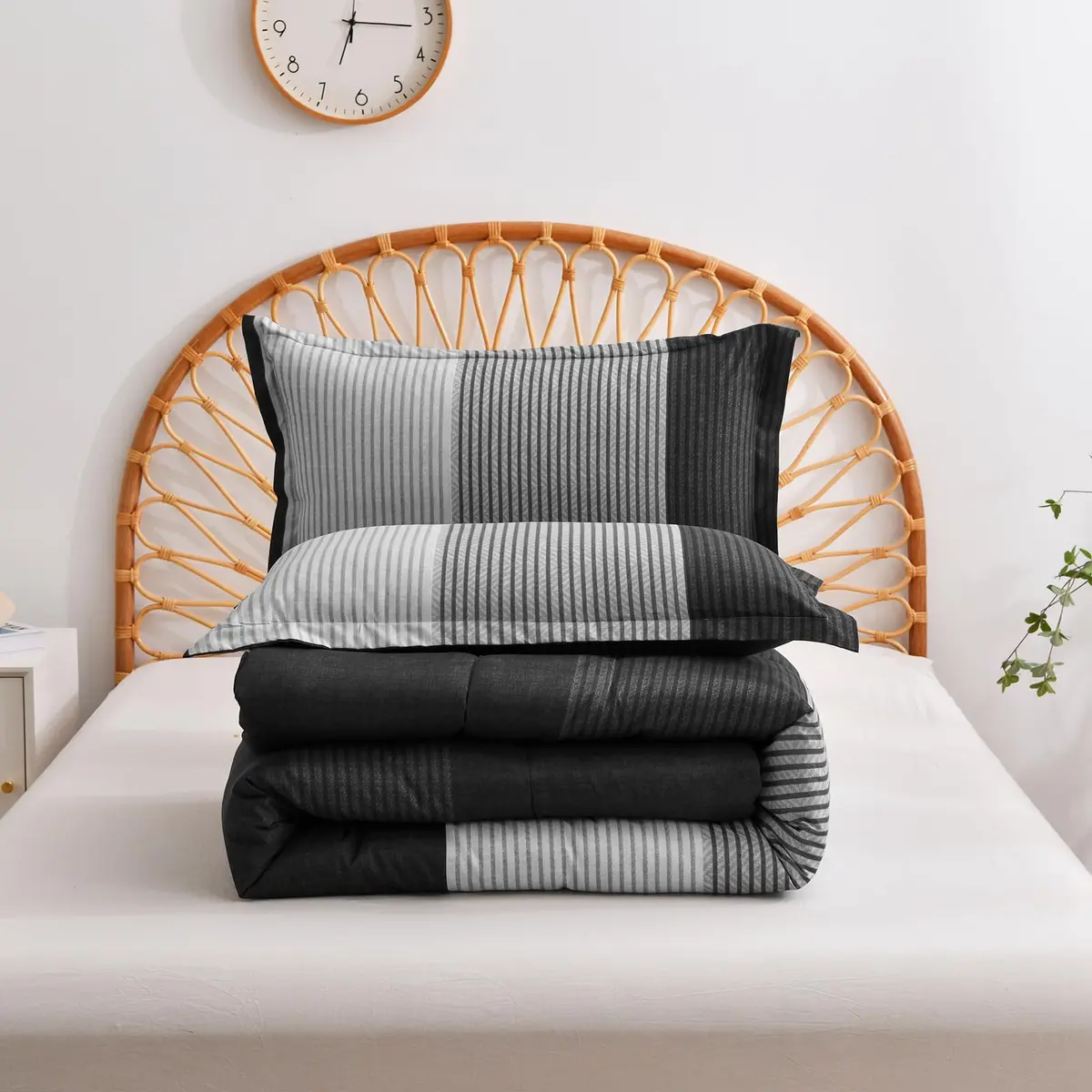 WONGS BEDDING Black Comforter Set Queen | Reversible Black Grey Stripe Bedding for All Season - view 7