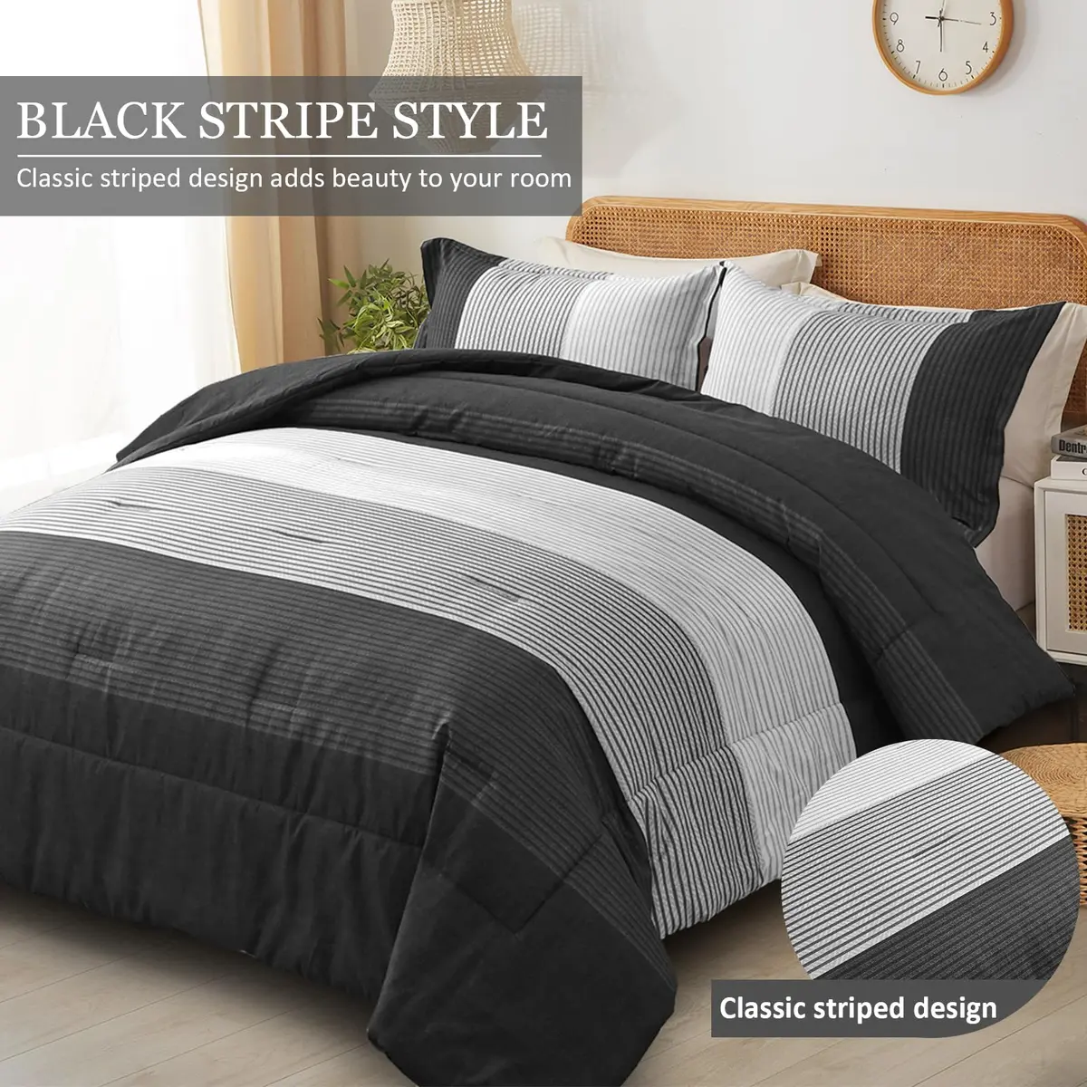 WONGS BEDDING Black Comforter Set Queen | Reversible Black Grey Stripe Bedding for All Season - view 2