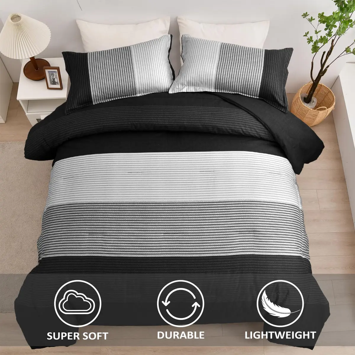 WONGS BEDDING Black Comforter Set Queen | Reversible Black Grey Stripe Bedding for All Season - view 3