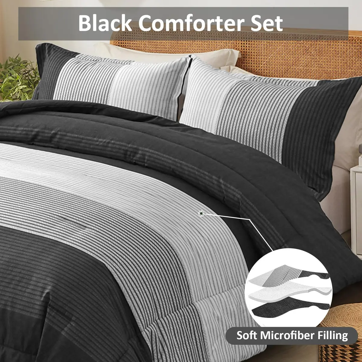 WONGS BEDDING Black Comforter Set Queen | Reversible Black Grey Stripe Bedding for All Season - view 4