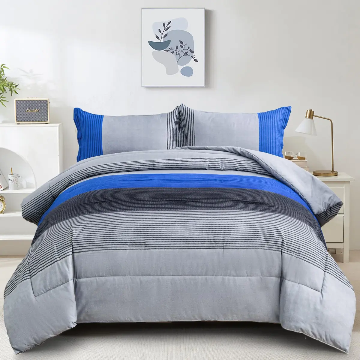 WONGS BEDDING Blue Comforter Set King | Reversible Grey & Blue Down Alternative Bedding - main product image