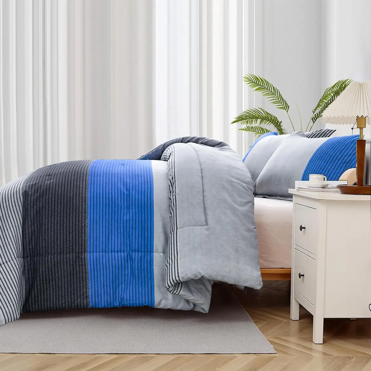 WONGS BEDDING Blue Comforter Set King | Reversible Grey & Blue Down Alternative Bedding - view 5