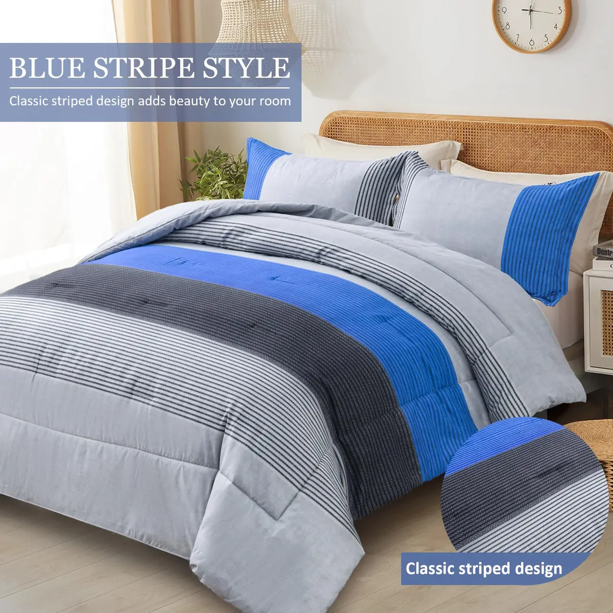 WONGS BEDDING Blue Comforter Set King | Reversible Grey & Blue Down Alternative Bedding - view 2