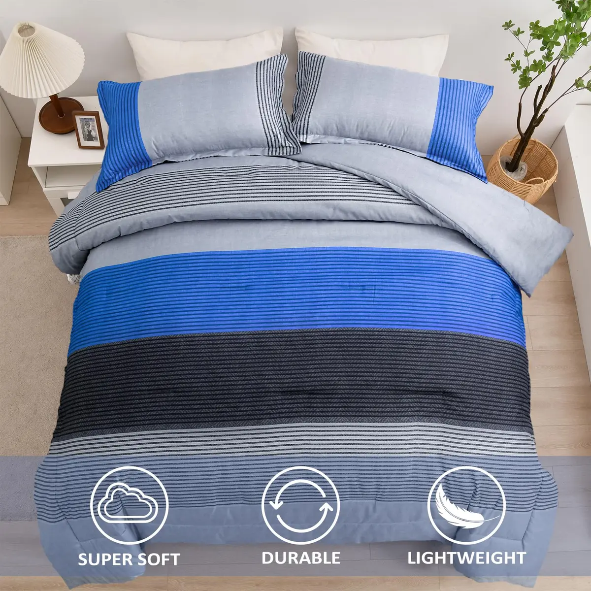 WONGS BEDDING Blue Comforter Set King | Reversible Grey & Blue Down Alternative Bedding - view 3