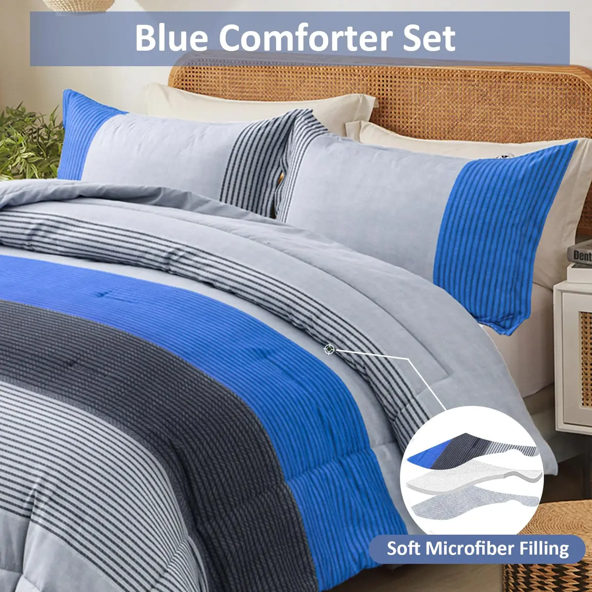 WONGS BEDDING Blue Comforter Set King | Reversible Grey & Blue Down Alternative Bedding - view 4