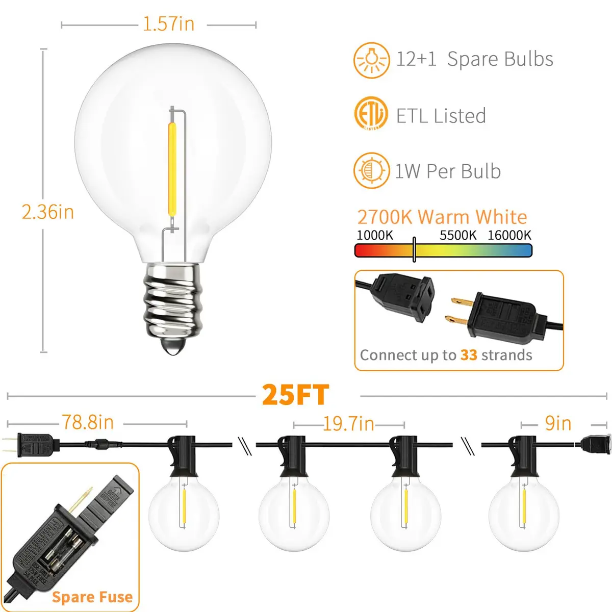 Svater Outdoor String Lights 25 FT G40 LED Waterproof Shatterproof Warm White - view 2