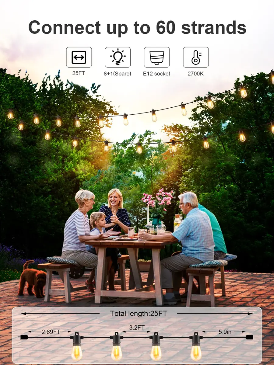 Svater Outdoor String Lights LED 25 FT Waterproof IP65 | Shatterproof, Dimmable, Commercial Grade - view 3