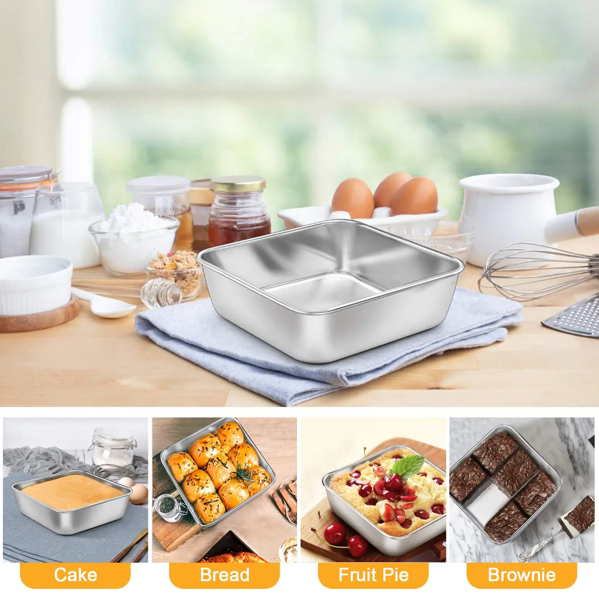 P&P CHEF Square Baking Pan 6x6 Inch (15.2x15.2 cm) - Set of 2 | Heavy Duty Stainless Steel for Brownies & Cakes — 6 Inch - view 4