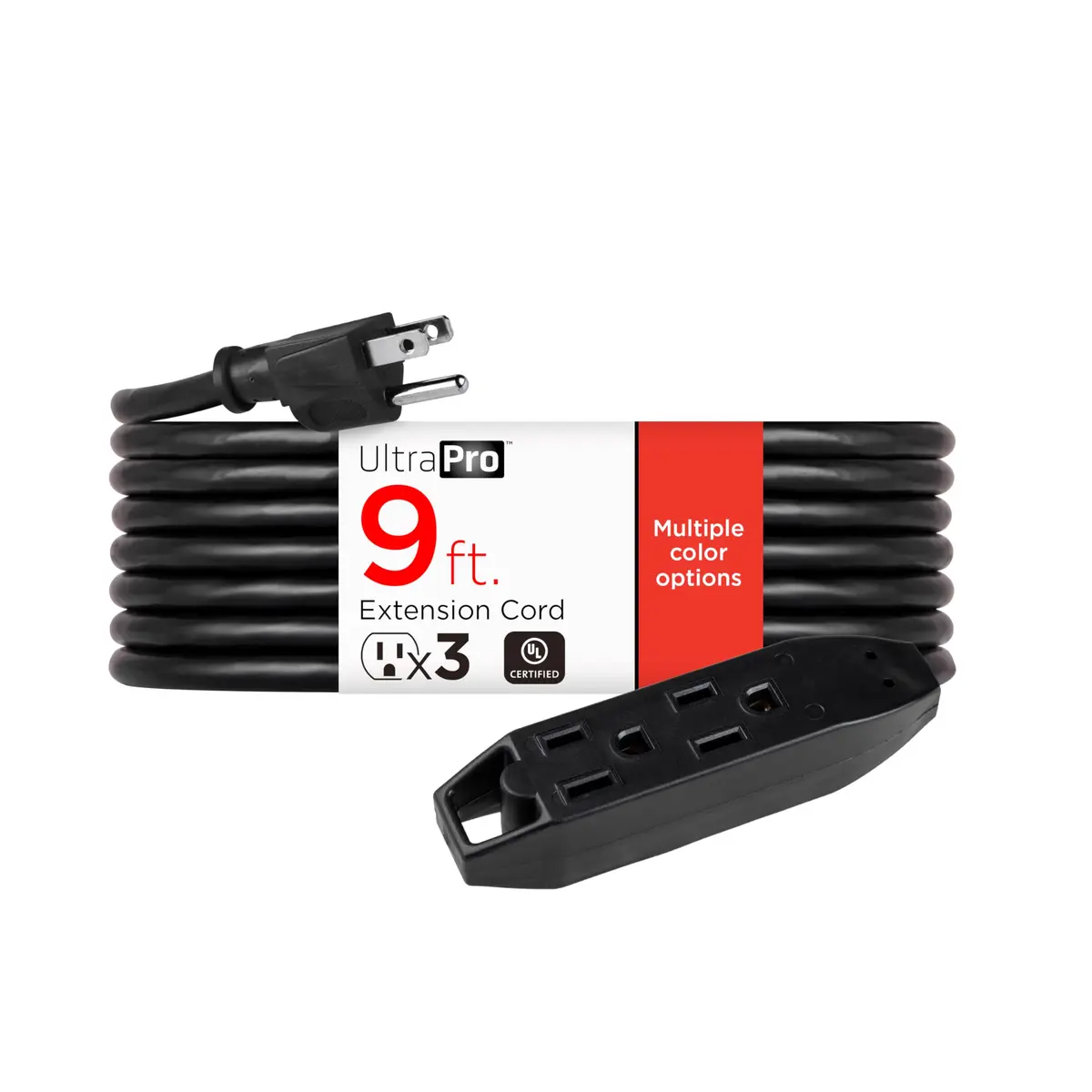 UltraPro 9 Ft Outdoor Extension Cord 3 Outlet Power Strip | Heavy Duty 16 Gauge UL Listed Black - main product image