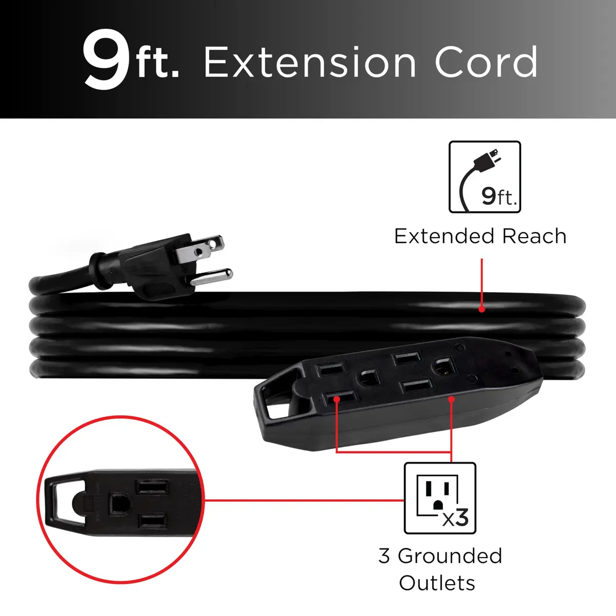 UltraPro 9 Ft Outdoor Extension Cord 3 Outlet Power Strip | Heavy Duty 16 Gauge UL Listed Black - view 2