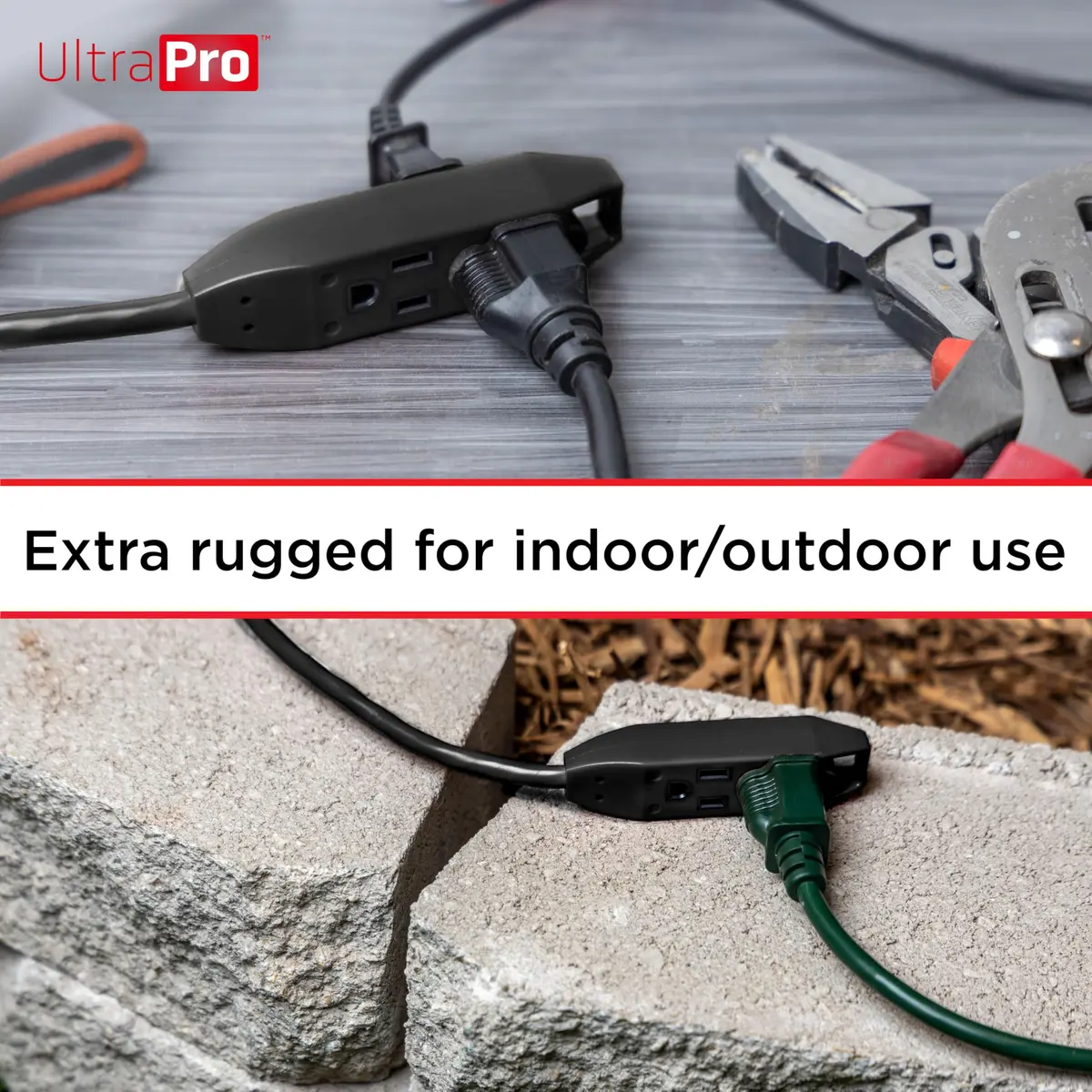 UltraPro 9 Ft Outdoor Extension Cord 3 Outlet Power Strip | Heavy Duty 16 Gauge UL Listed Black - view 4