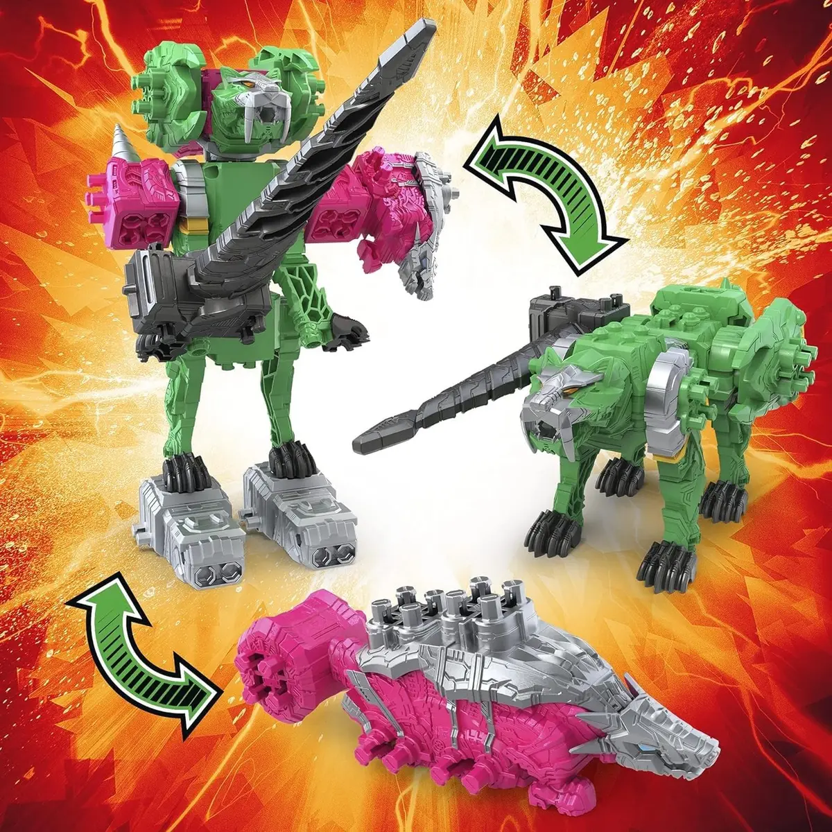 Power Rangers Dino Fury Pink Ankylo Hammer and Green Tiger Claw Zord Toys for Kids Ages 4 and Up | Zord Link Mix-and-Match Custom Build System - view 4