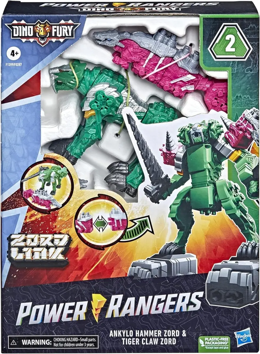 Power Rangers Dino Fury Pink Ankylo Hammer and Green Tiger Claw Zord Toys for Kids Ages 4 and Up | Zord Link Mix-and-Match Custom Build System - view 2