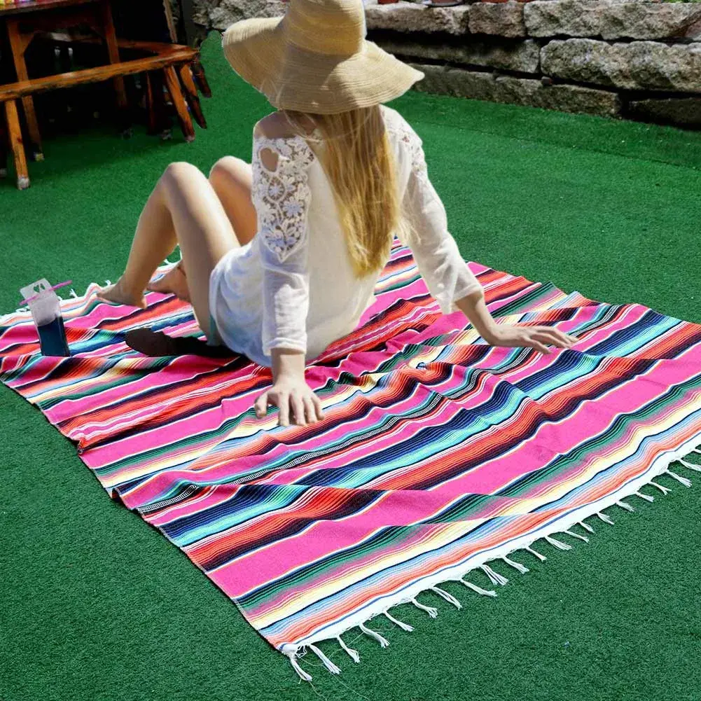 Hxezoc Pink Mexican Blanket Table Runner 150cm x 215cm | Handwoven Cotton Fiesta Decor - view 7