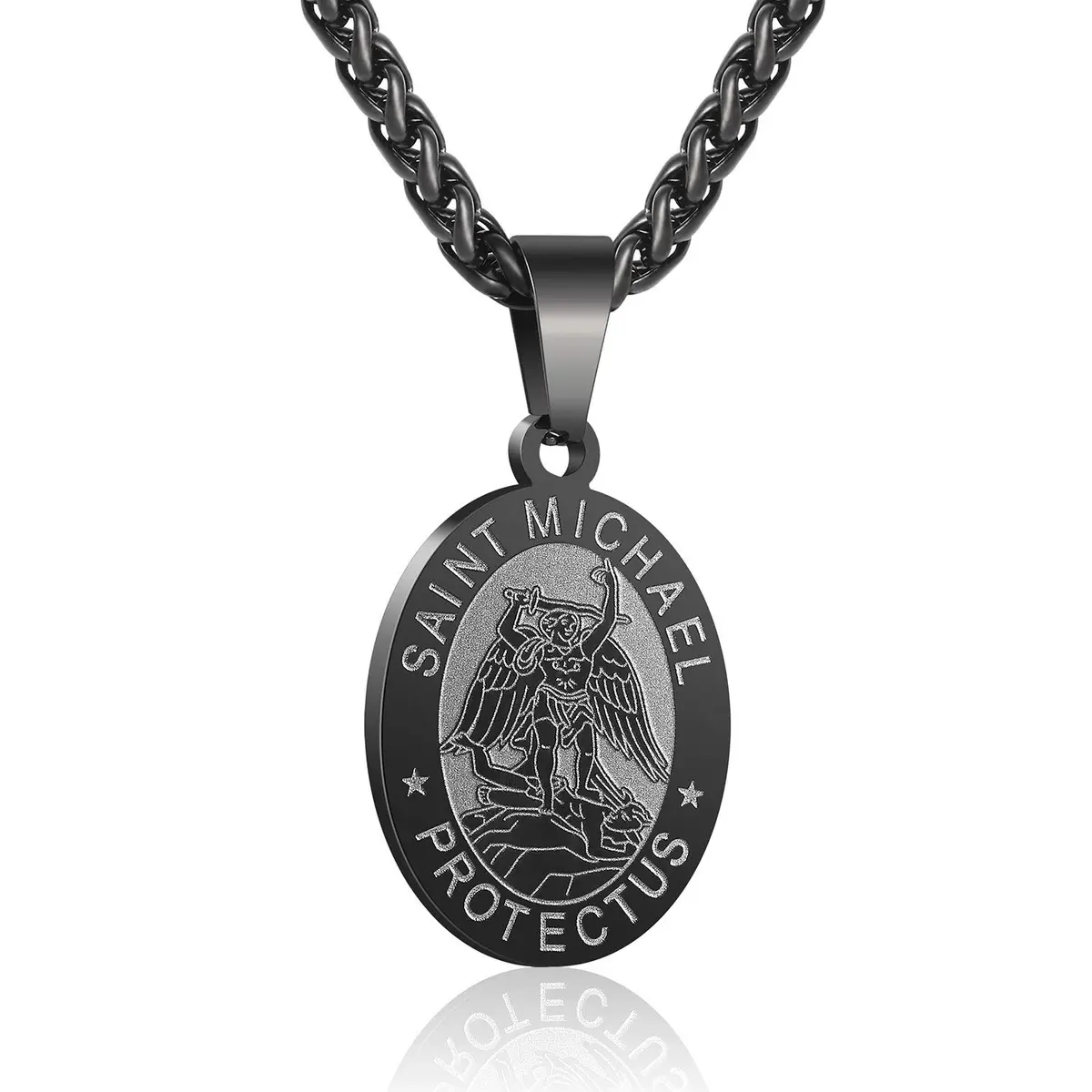 P. BLAKE Black Saint Michael Pendant Necklace with 24-inch Wheat Chain | Religious Medal Jewelry for Men - main product image