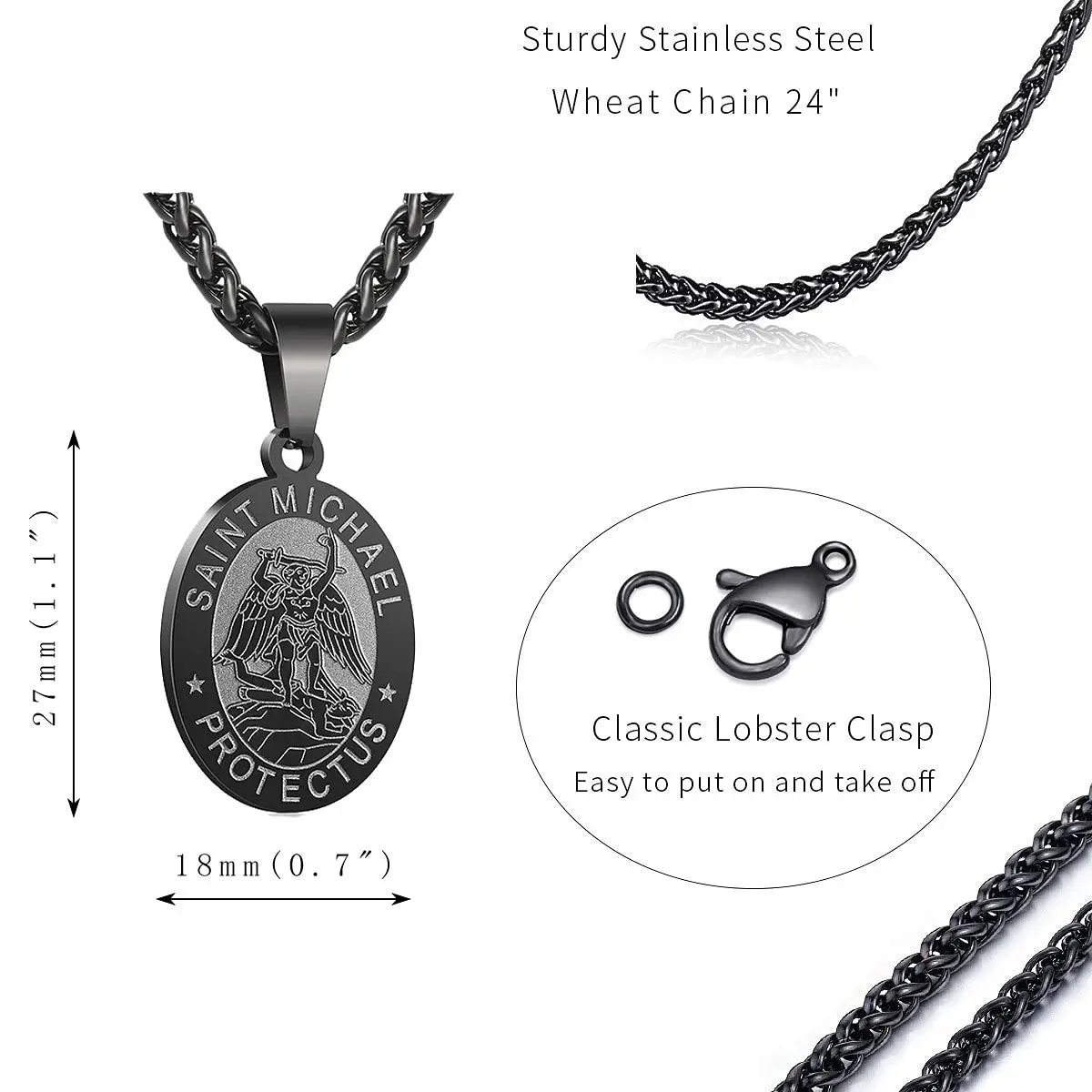 P. BLAKE Black Saint Michael Pendant Necklace with 24-inch Wheat Chain | Religious Medal Jewelry for Men - view 5