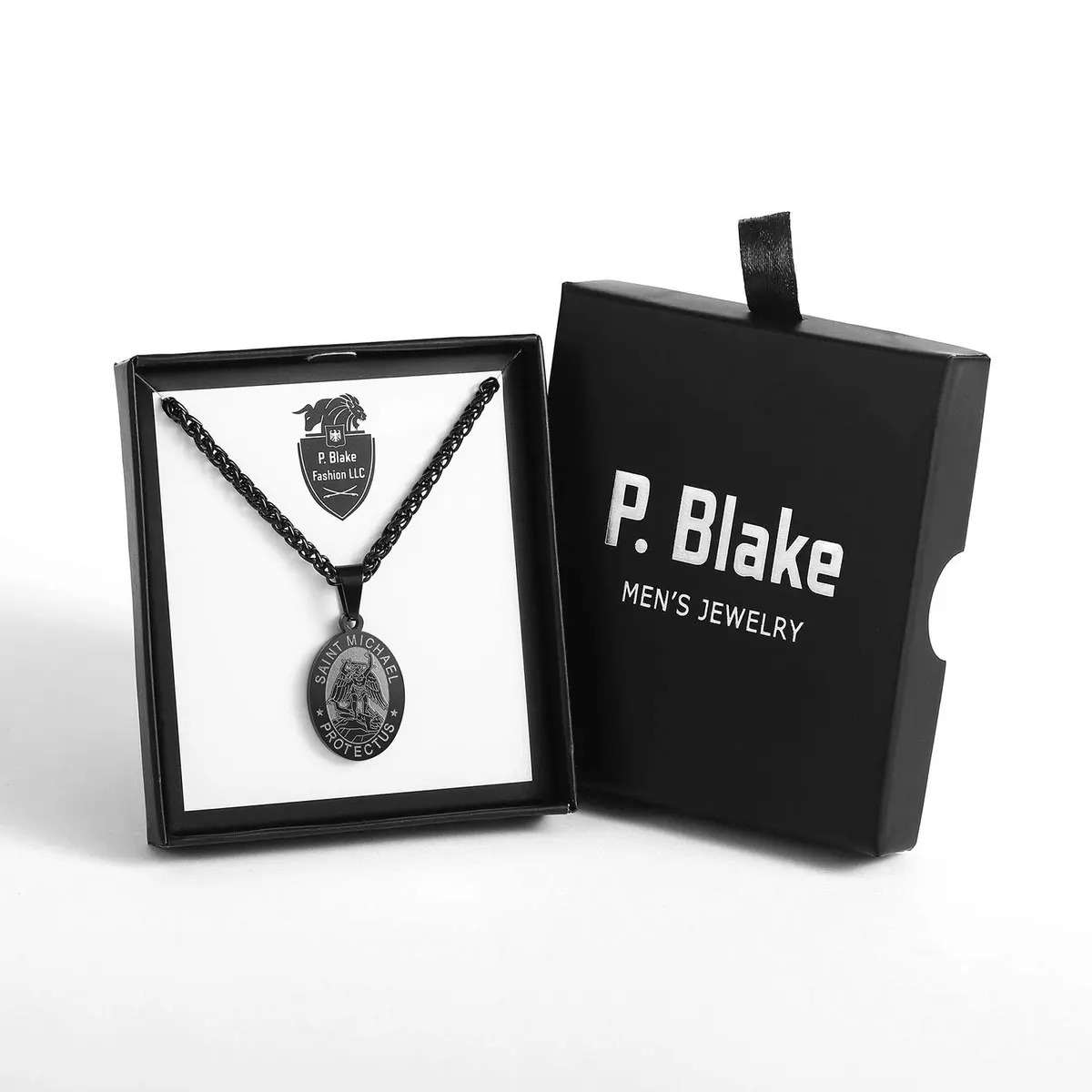 P. BLAKE Black Saint Michael Pendant Necklace with 24-inch Wheat Chain | Religious Medal Jewelry for Men - view 6