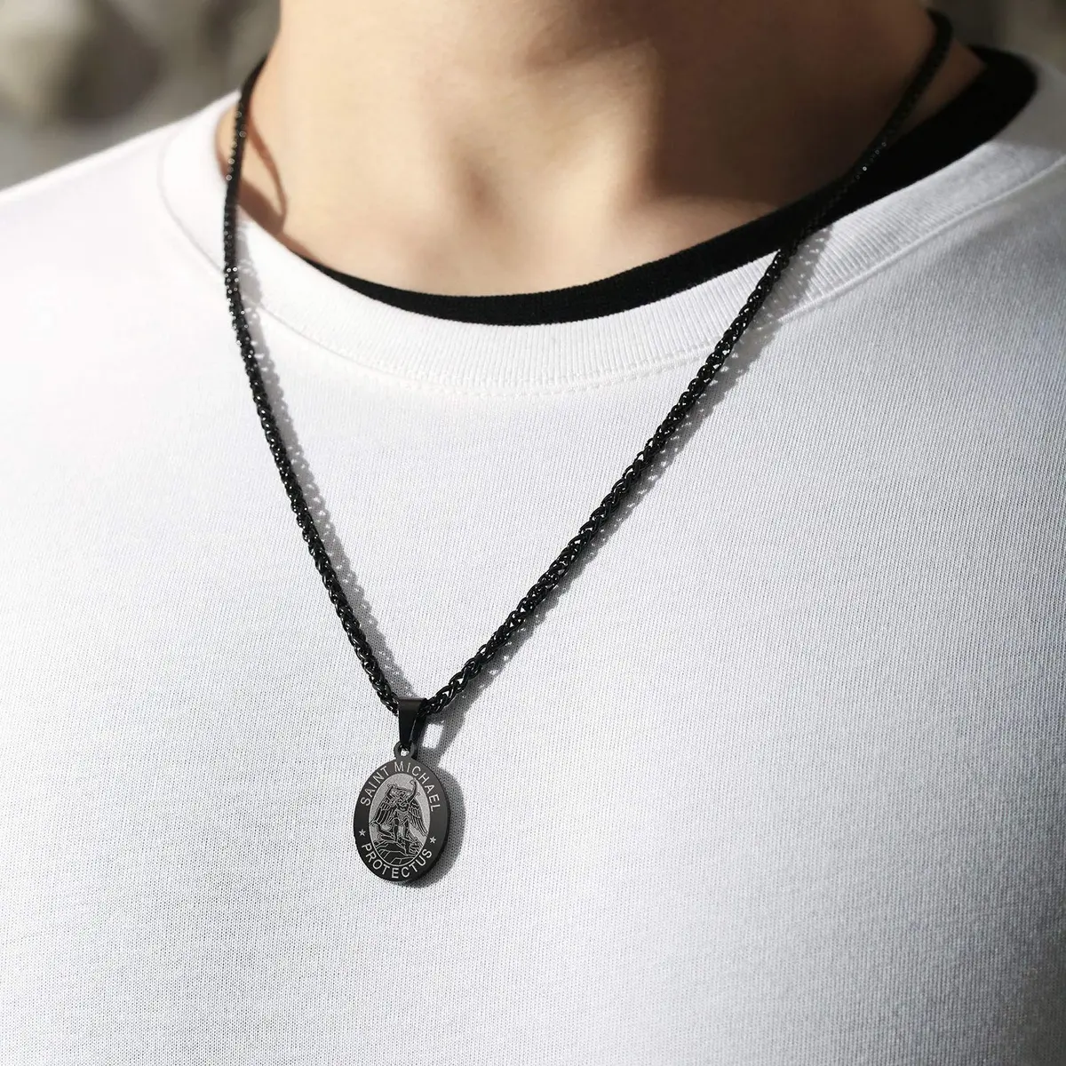 P. BLAKE Black Saint Michael Pendant Necklace with 24-inch Wheat Chain | Religious Medal Jewelry for Men - view 2