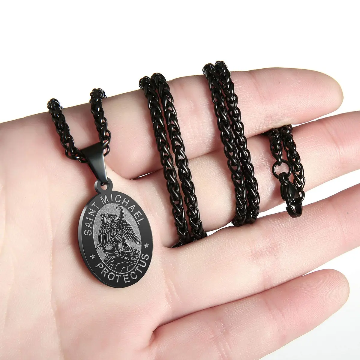 P. BLAKE Black Saint Michael Pendant Necklace with 24-inch Wheat Chain | Religious Medal Jewelry for Men - view 3