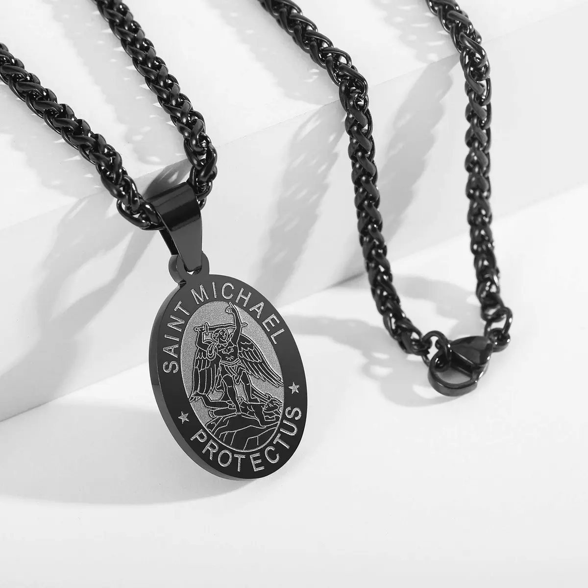 P. BLAKE Black Saint Michael Pendant Necklace with 24-inch Wheat Chain | Religious Medal Jewelry for Men - view 4