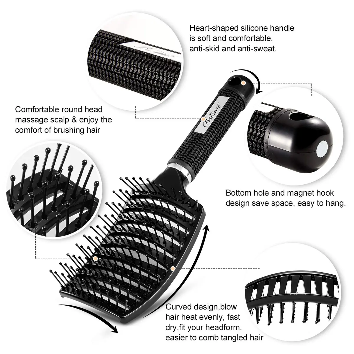 Bsisme Hair Brush, Curved Vented Detangler for Women & Men | Faster Blow Drying, Pain-Free, All Hair Types - view 2