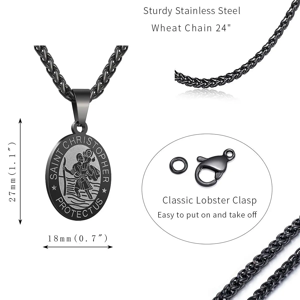 P. BLAKE Saint Christopher Medal Necklace for Men Teen Boys | Hypoallergenic Stainless Steel, 24 Inch Wheat Chain, Black Pendant (61cm) - view 5
