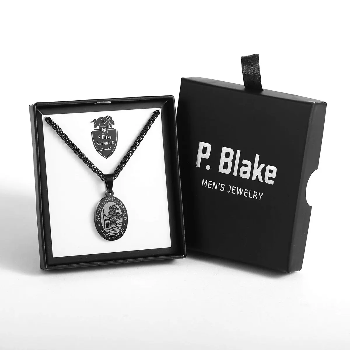 P. BLAKE Saint Christopher Medal Necklace for Men Teen Boys | Hypoallergenic Stainless Steel, 24 Inch Wheat Chain, Black Pendant (61cm) - view 6