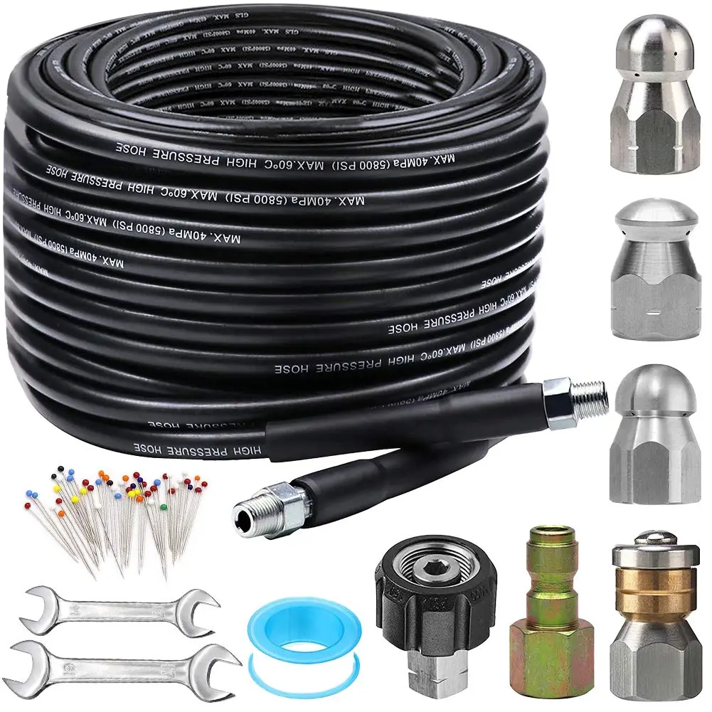 ZOFINE Sewer Jetter Kit for Pressure Washer 100FT | 15.24 m (100 ft) Drain Cleaner Hose with 6 Nozzles, Couplers & Tools - main product image